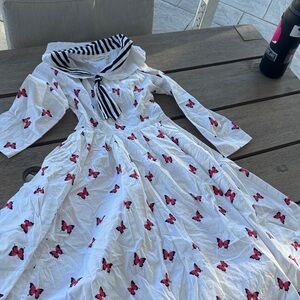 White Butterfly Print Sailor Dress with Pink Accents Xs